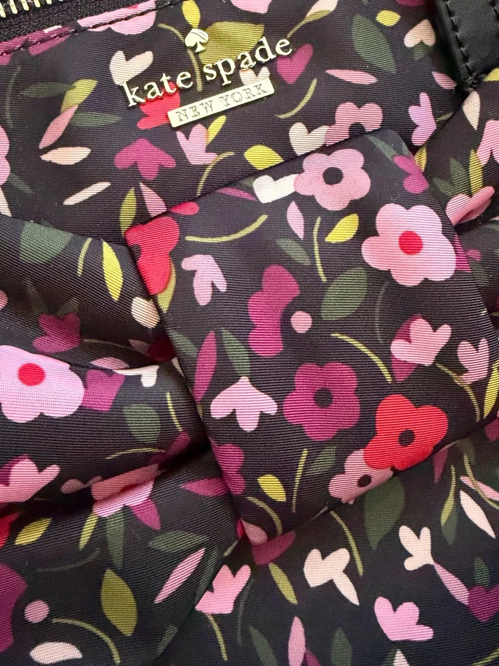 kate spade New York Black Floral Bow Satchel w/ Pink & Red Blooms Crossbody bag